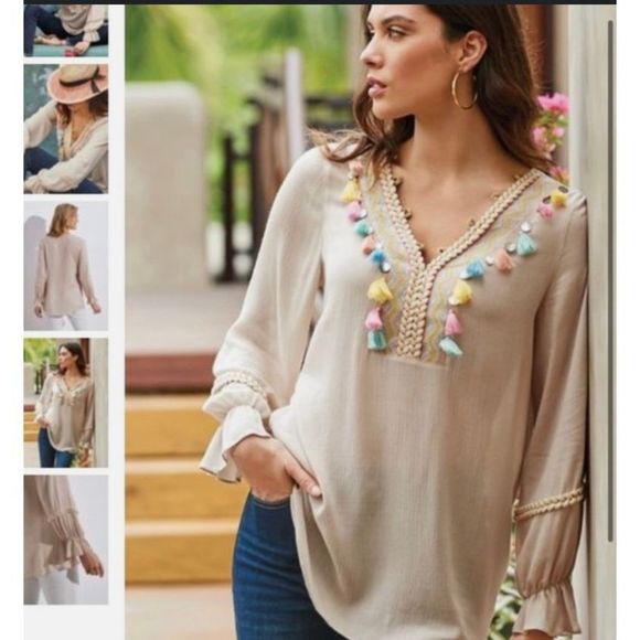 Soft Surroundings Clementine Beige Tassel Blouse Size Small, MSRP $129 - Picture 1 of 9